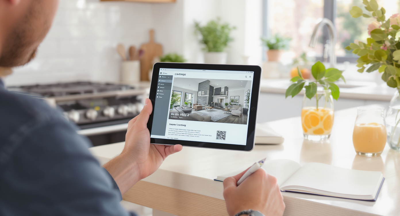 A realtor reviewing a property listing with a tablet showing a QR code and edited photo in a bright kitchen.