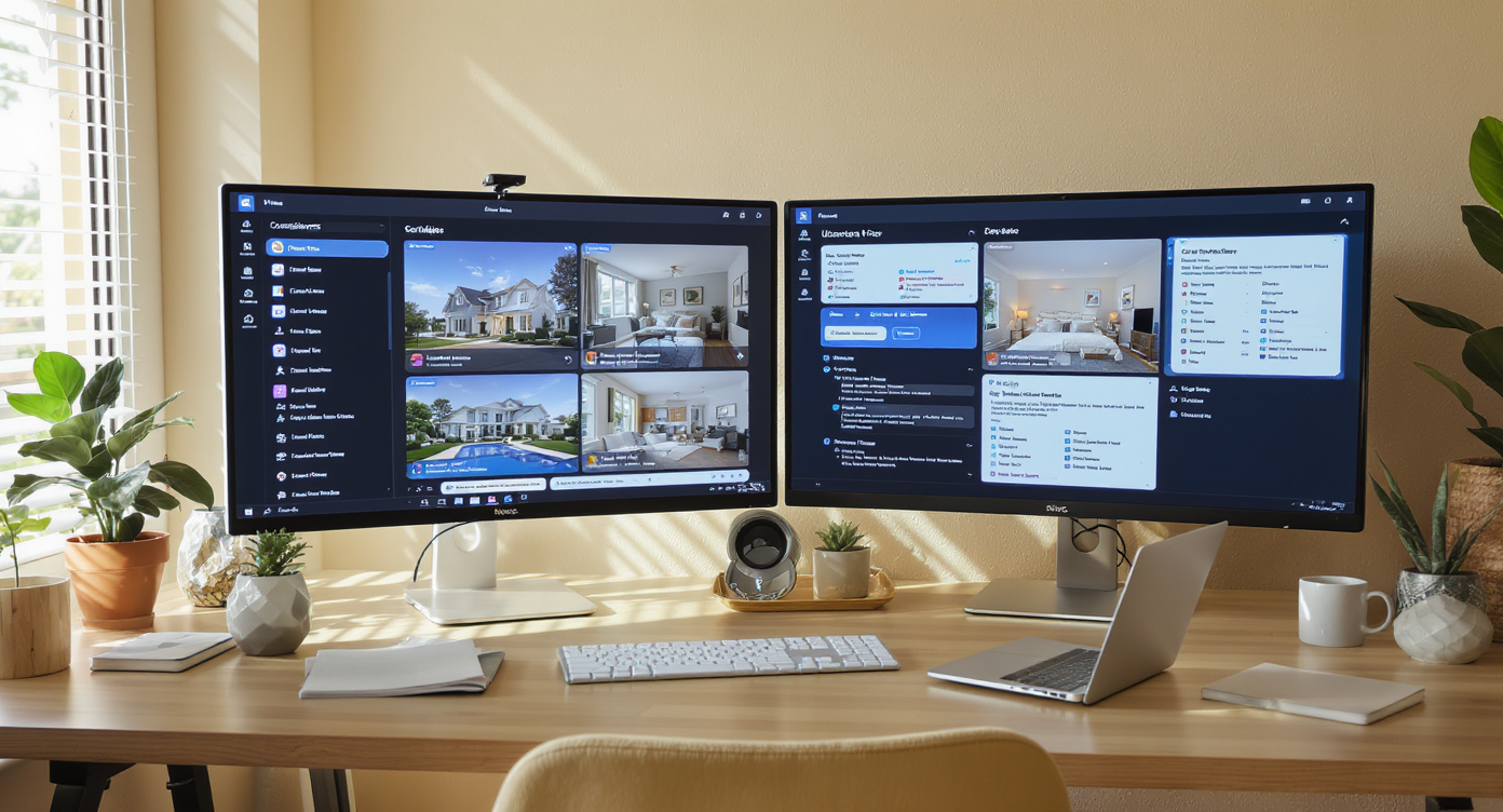 A stylish home office with monitors showing AI-edited real estate photos and compliance documentation.