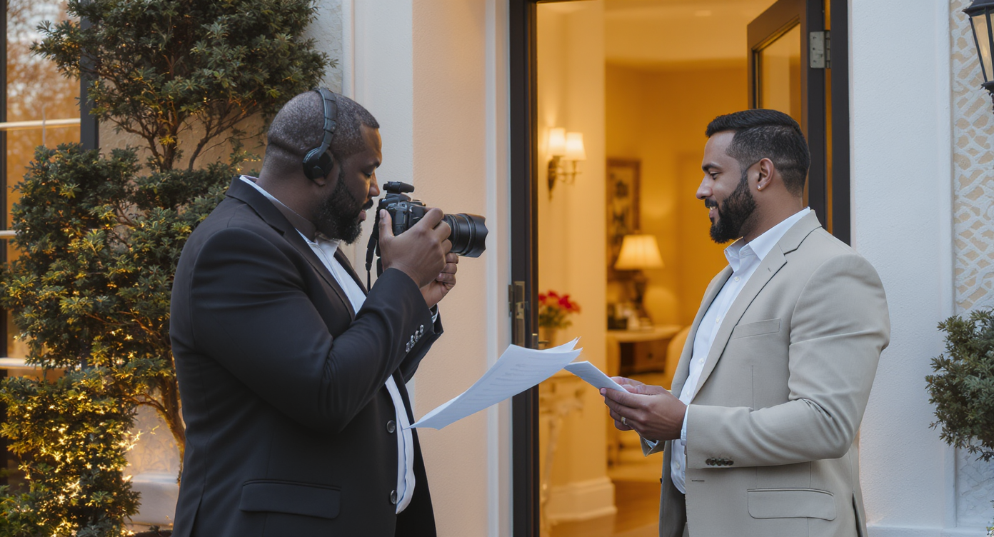 A photographer and real estate agent discussing compliance beside a staged home entrance.