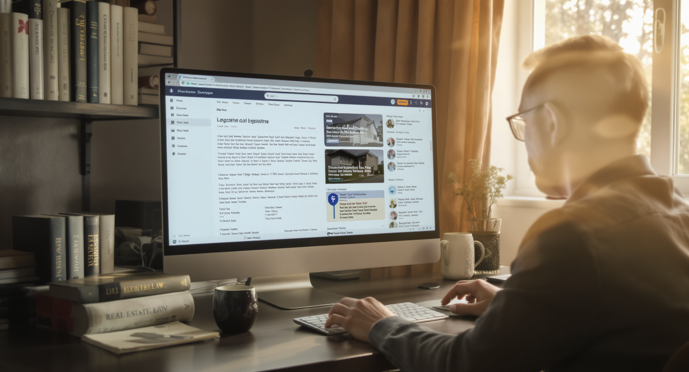 A tranquil workspace with legal documents on AI-edited photos and books on real estate law.