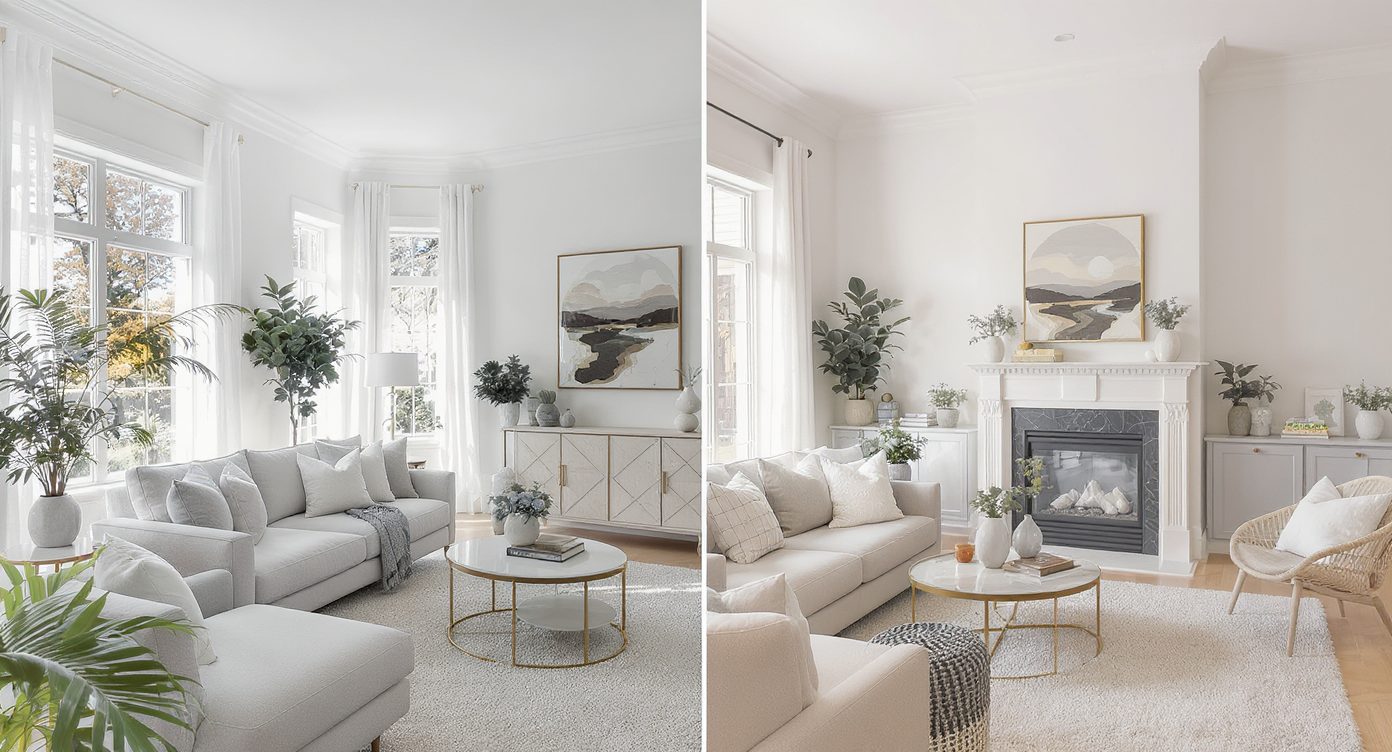 A creative collage of AI-edited and original property photos in an elegant home setting.