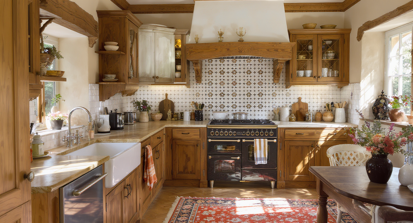 A warm unfitted kitchen that blends vintage elegance with modern practicality, featuring wooden shelves and natural stone.