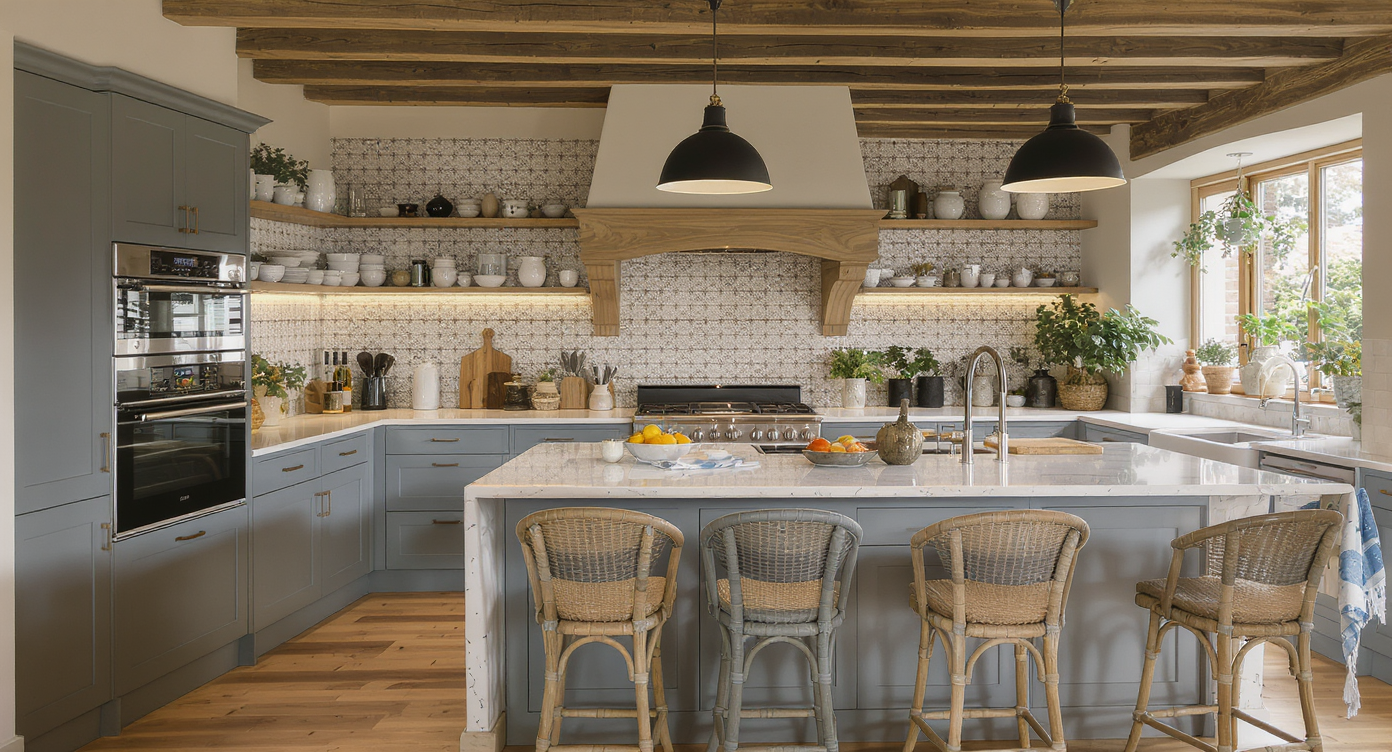 A modern unfitted kitchen with a functional design featuring high-tech appliances mixed with rustic elements, maintaining historical charm.
