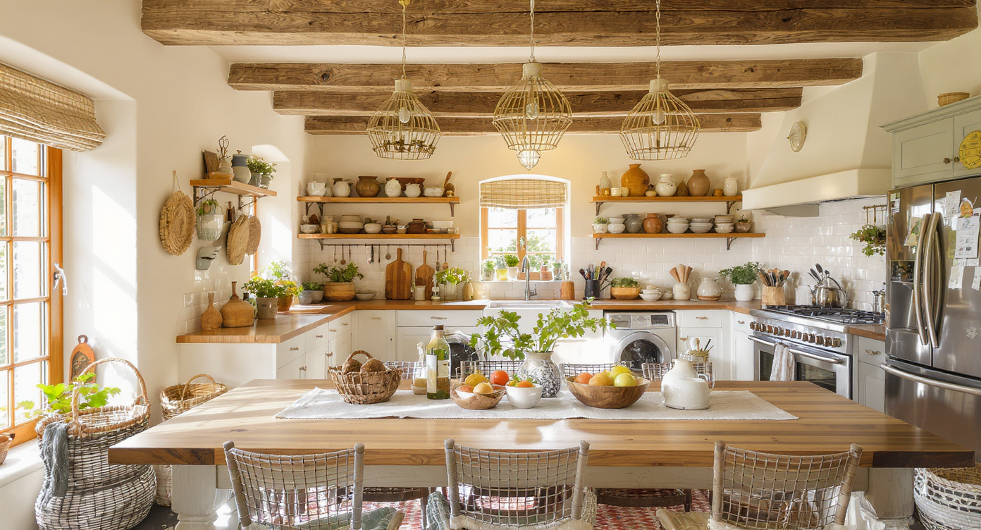 A warm and inviting kitchen with vintage elements, a communal table, and lots of natural light coming through the windows.