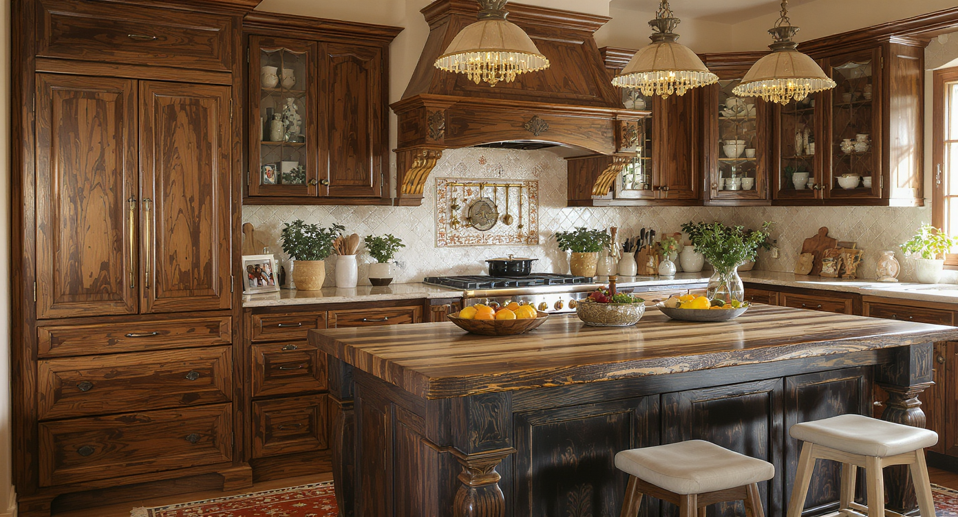 A close-up of a vintage-inspired unfitted kitchen featuring wooden cabinetry, rustic island, and warm natural lighting.