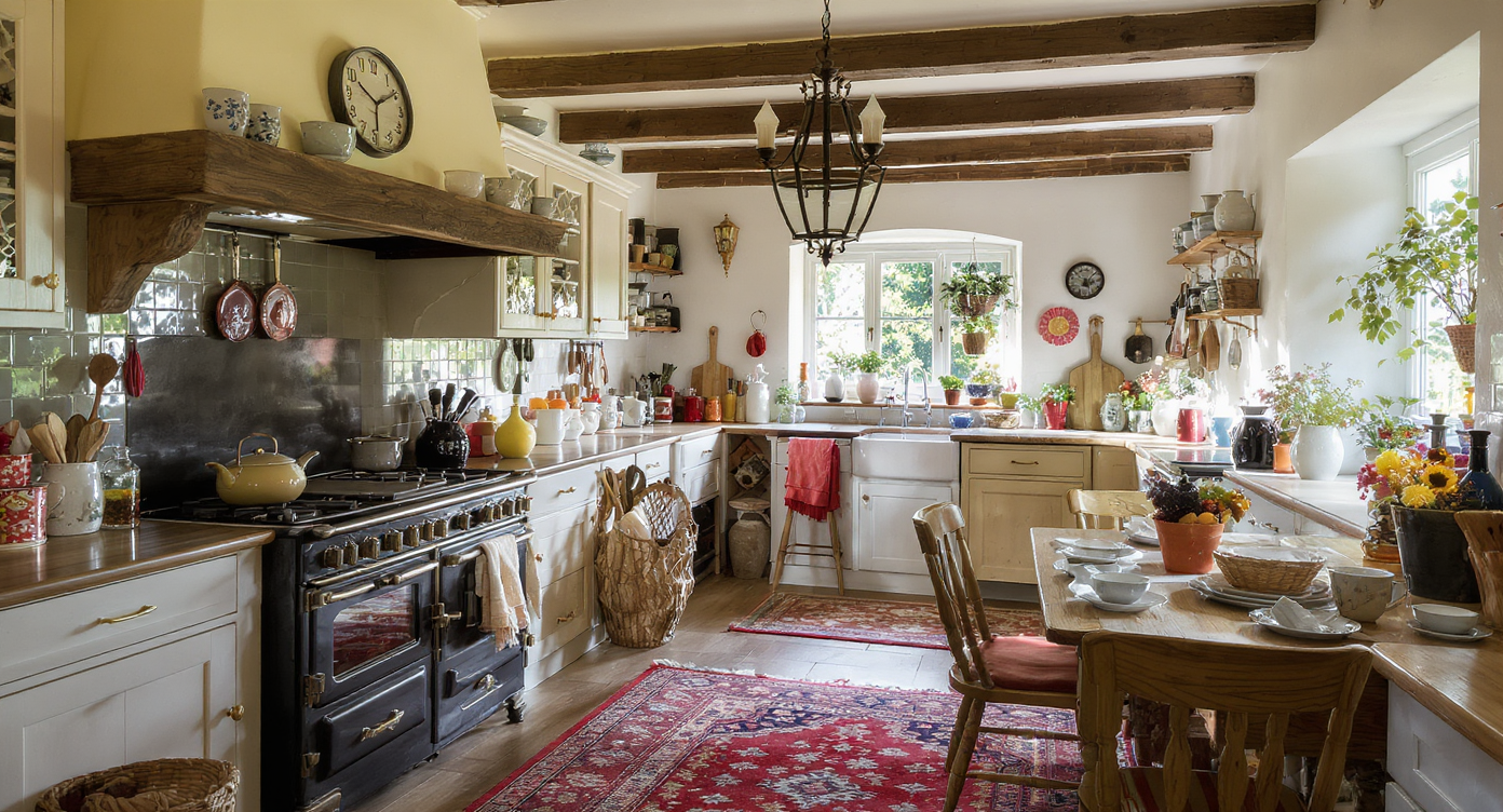 A cozy unfitted kitchen with mismatched cabinets, an antique stove, and colorful dishware, creating a warm atmosphere.