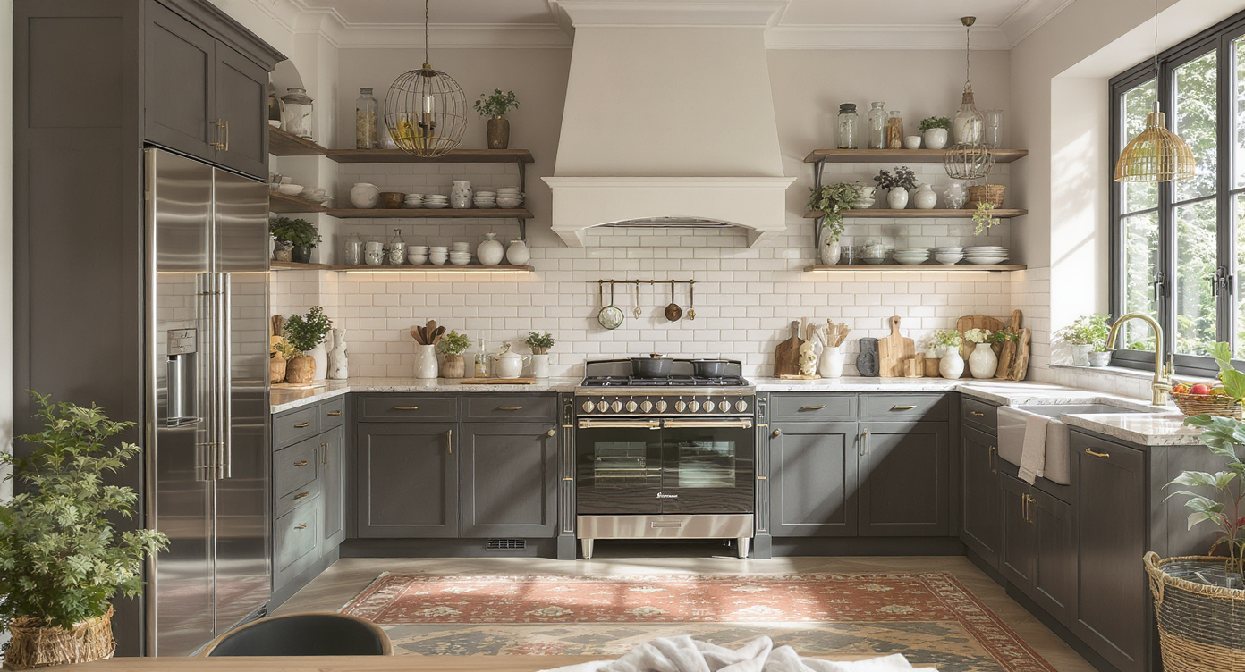 An unfitted kitchen design that balances traditional cabinetry with modern equipment and lighting features.