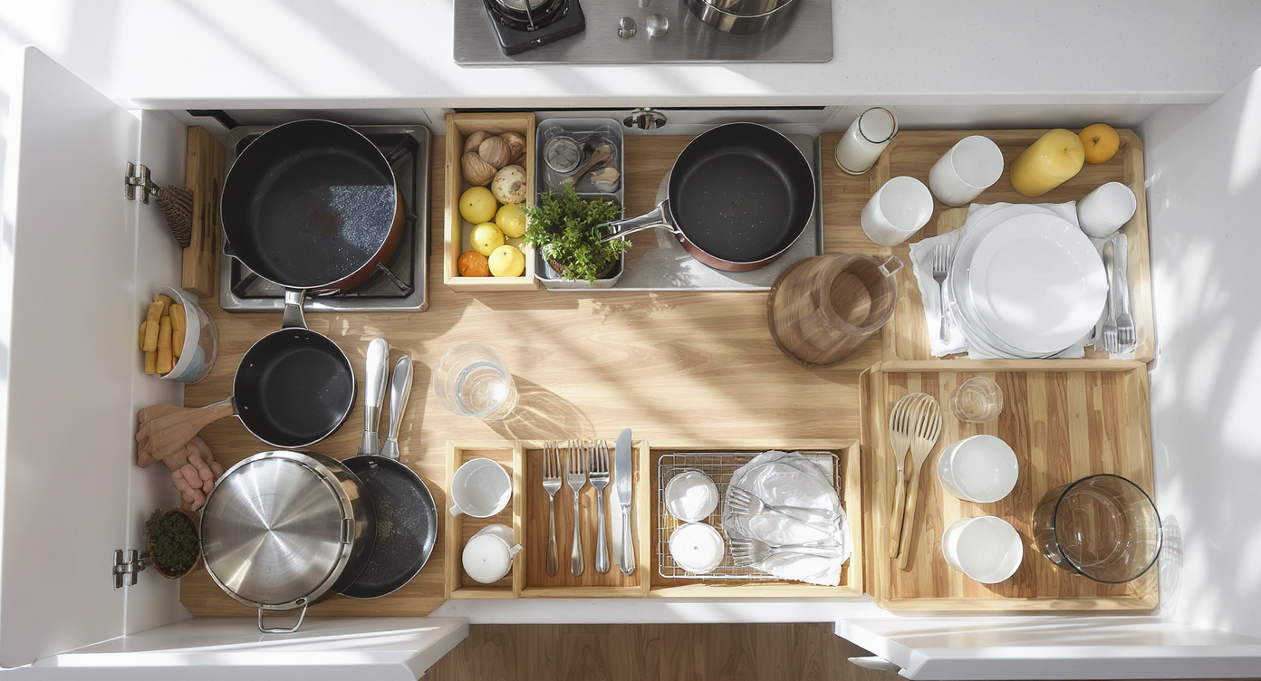 A strategically organized kitchen layout featuring easy access to pots and pans near the stovetop and dishware close to the sink.