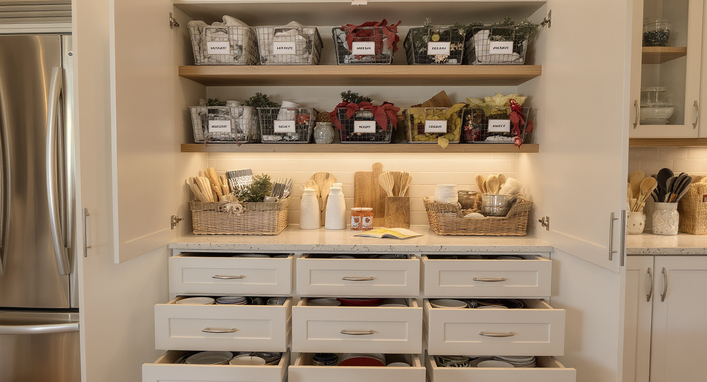A kitchen with labeled high shelves for seasonal storage and accessible drawers for everyday kitchenware below.