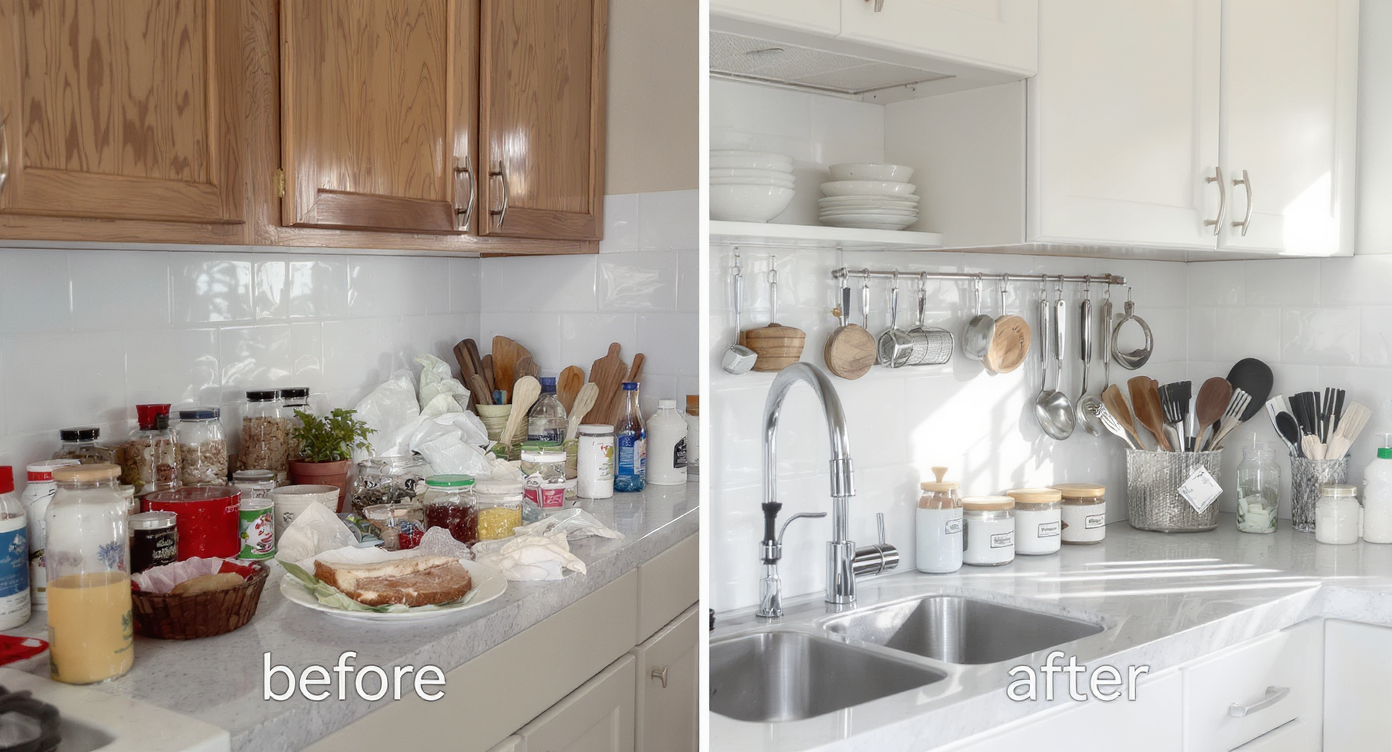 Before and after view of a kitchen organization project showing clutter on one side and an organized setup on the other.