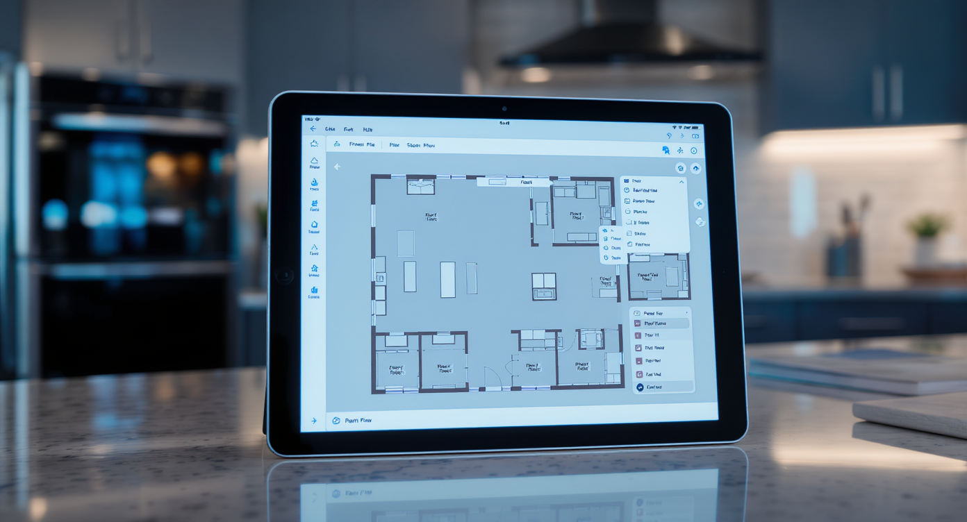 A modern kitchen displaying a tablet with a digital app for visualizing kitchen organization, emphasizing technology in design.