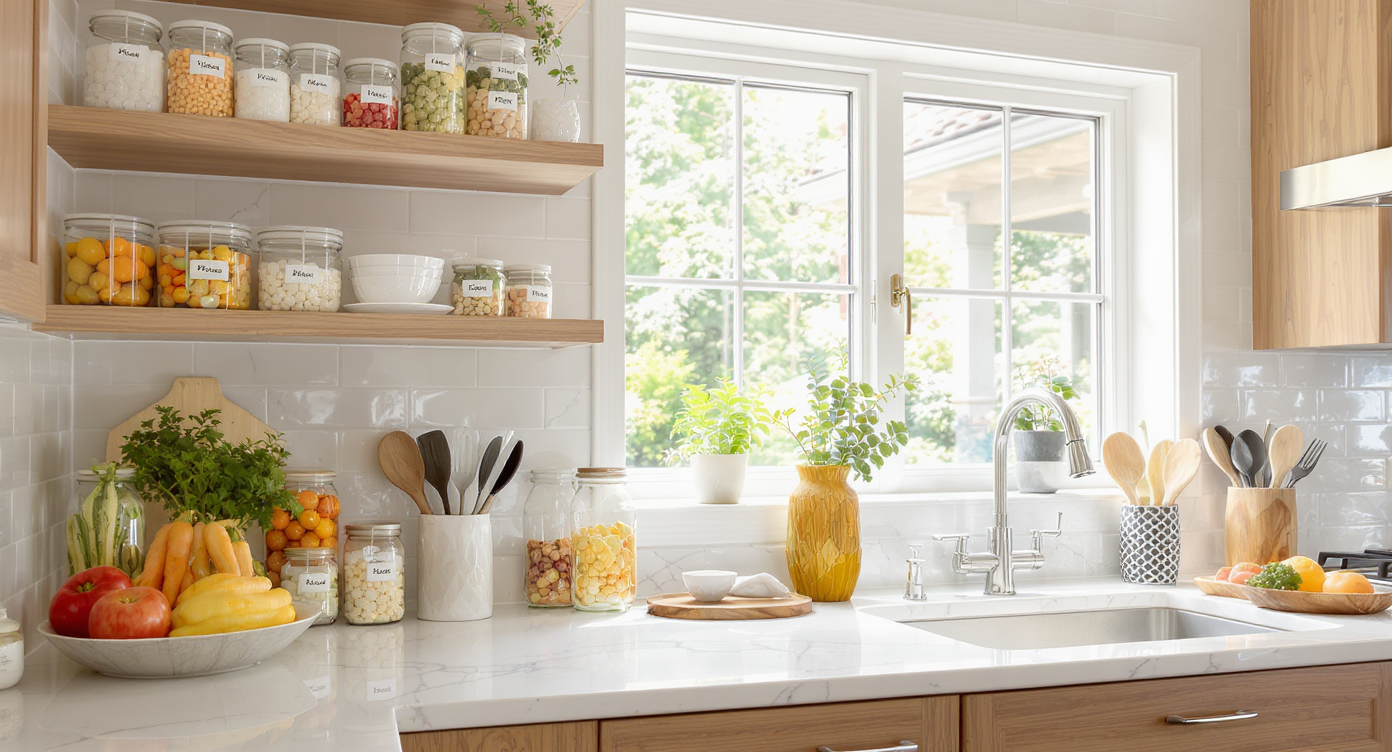 A modern, organized kitchen with clear containers on shelves, fruits in jars, and a bright, inviting atmosphere.