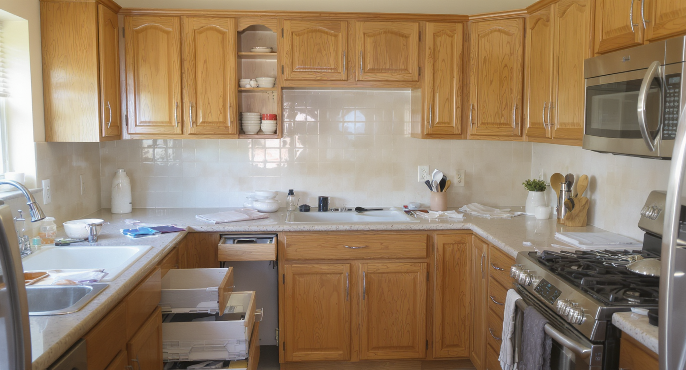 An empty kitchen with clean, open cupboards and drawers, showcasing a clean slate for reorganization.