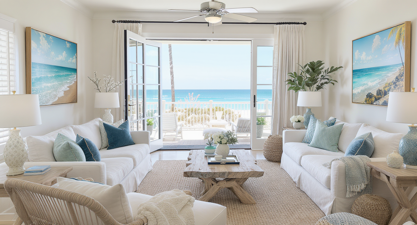 Stylish coastal living room with neutral tones, light wood accents, and large beach-facing windows.