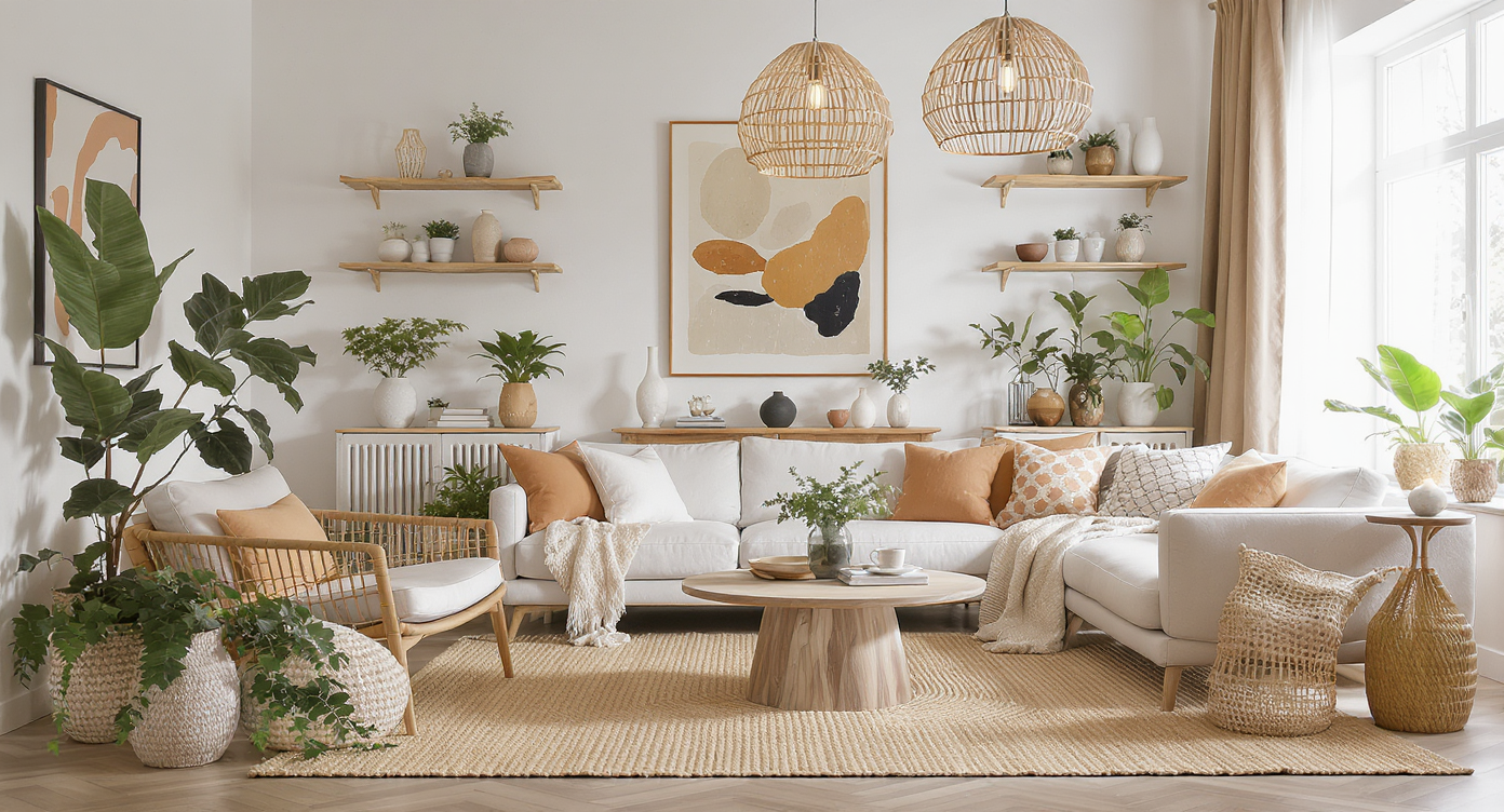 Stylish living room featuring jute rugs, rattan decor, and driftwood accents, creating a warm atmosphere.