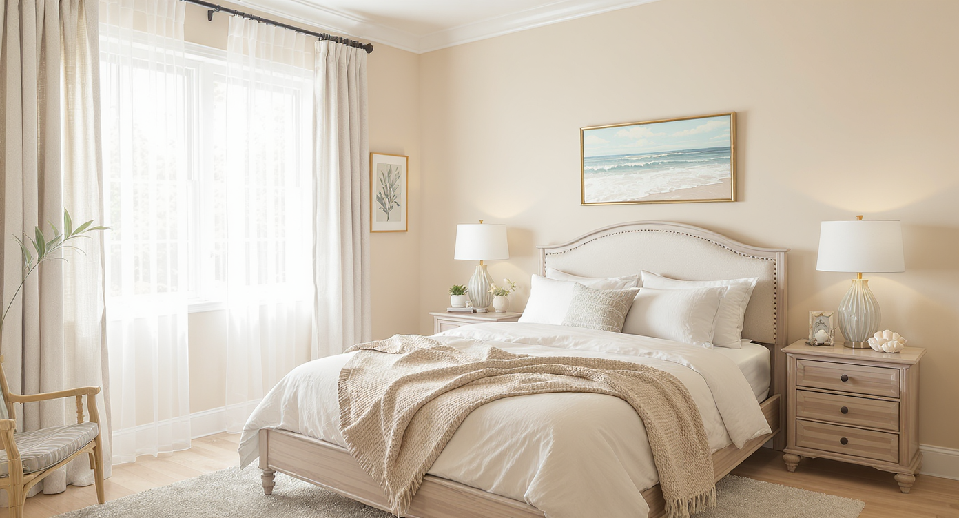 Serene bedroom with sandy beige walls, white trim, and light wood furniture, evoking a coastal feel.