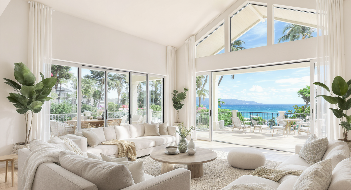 Open-plan living room with high ceilings and large windows, creating an airy and spacious feel.