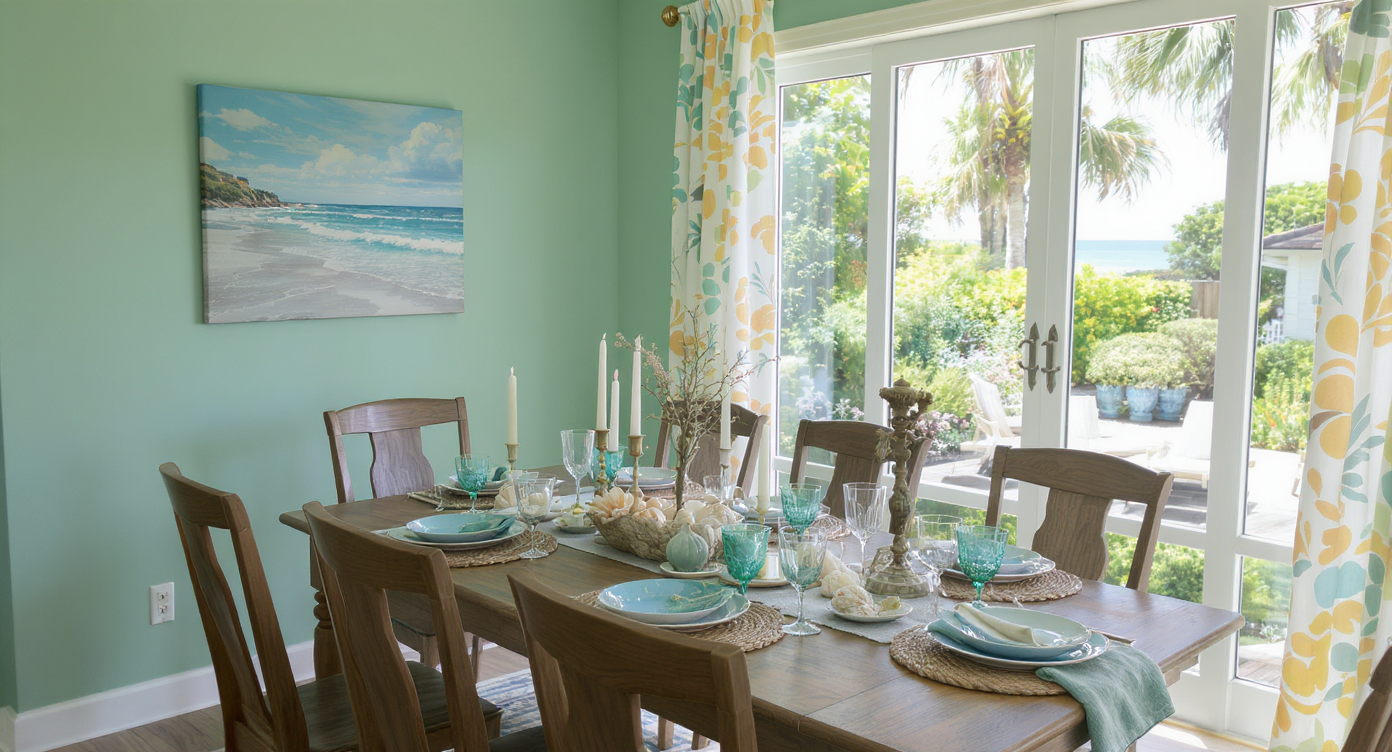Bright dining area with an ocean-inspired setting featuring blue and green decor and seashells.