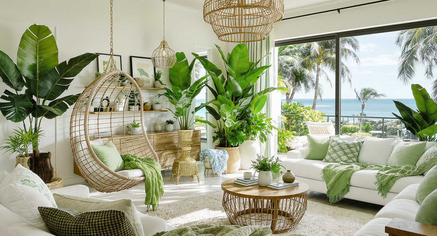 Lively living room filled with coastally inspired greenery and a hanging wicker chair, enhancing the atmosphere.