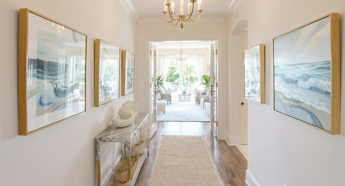 Elegant coastal-themed hallway with beach artwork and a jute runner leading to a light-filled space.