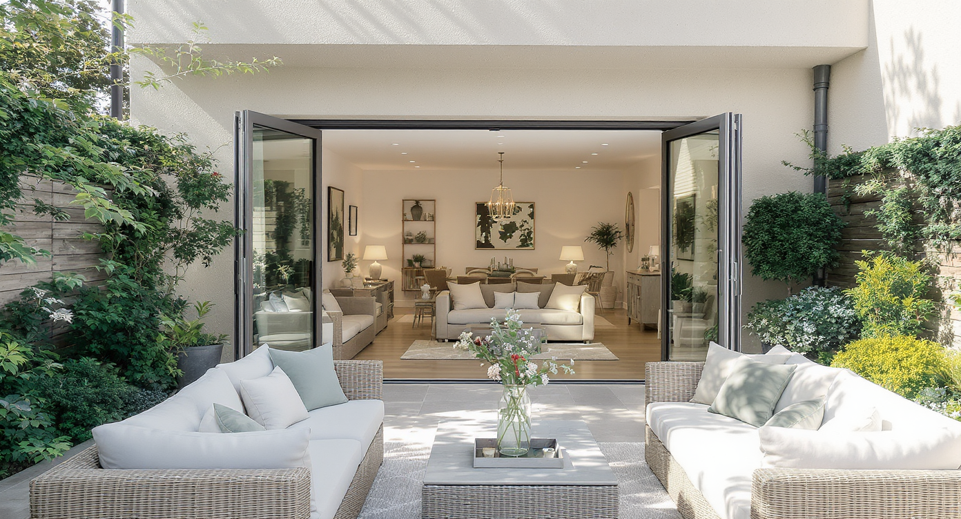Charming terrace connected to an indoor living area, featuring comfortable seating and greenery for an indoor-outdoor feel.