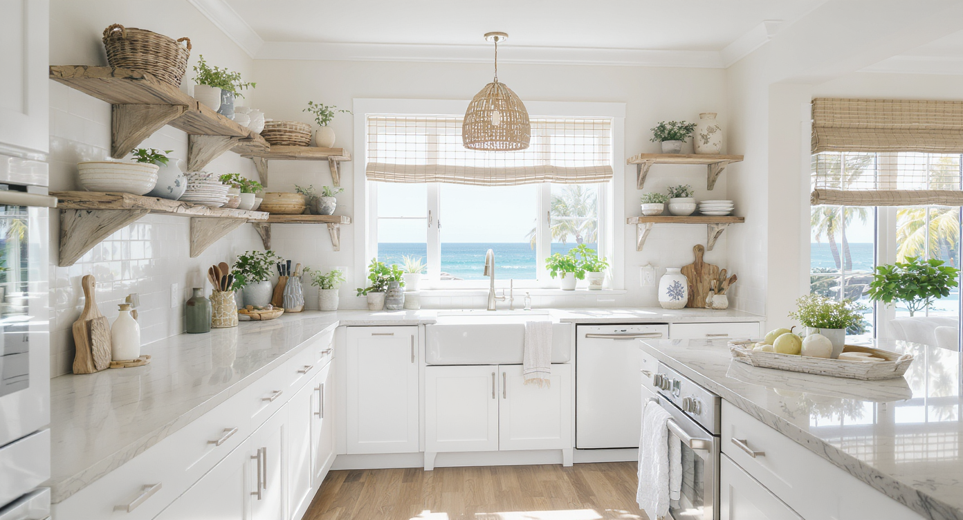 Inviting coastal kitchen with white cabinets, beach-themed decor, and large sunlit windows.