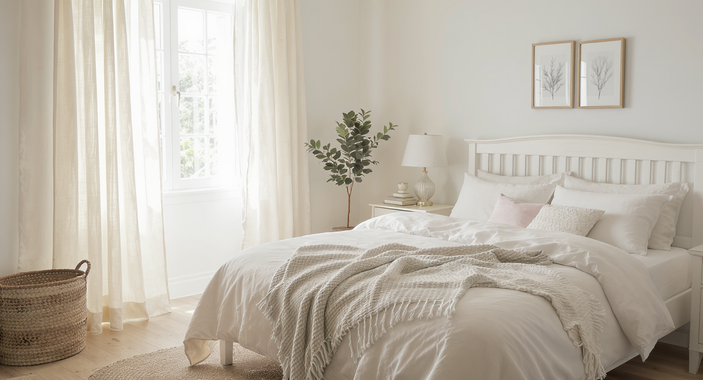 Breezy bedroom styled with lightweight linens, a soft cotton bedspread, and natural textures.