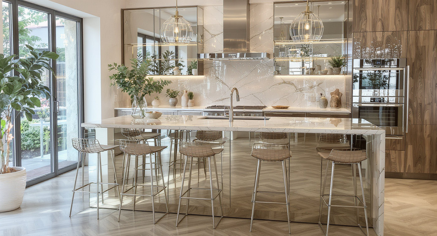 Kitchen island with mirrored surfaces that reflect light and surroundings, enhancing space.
