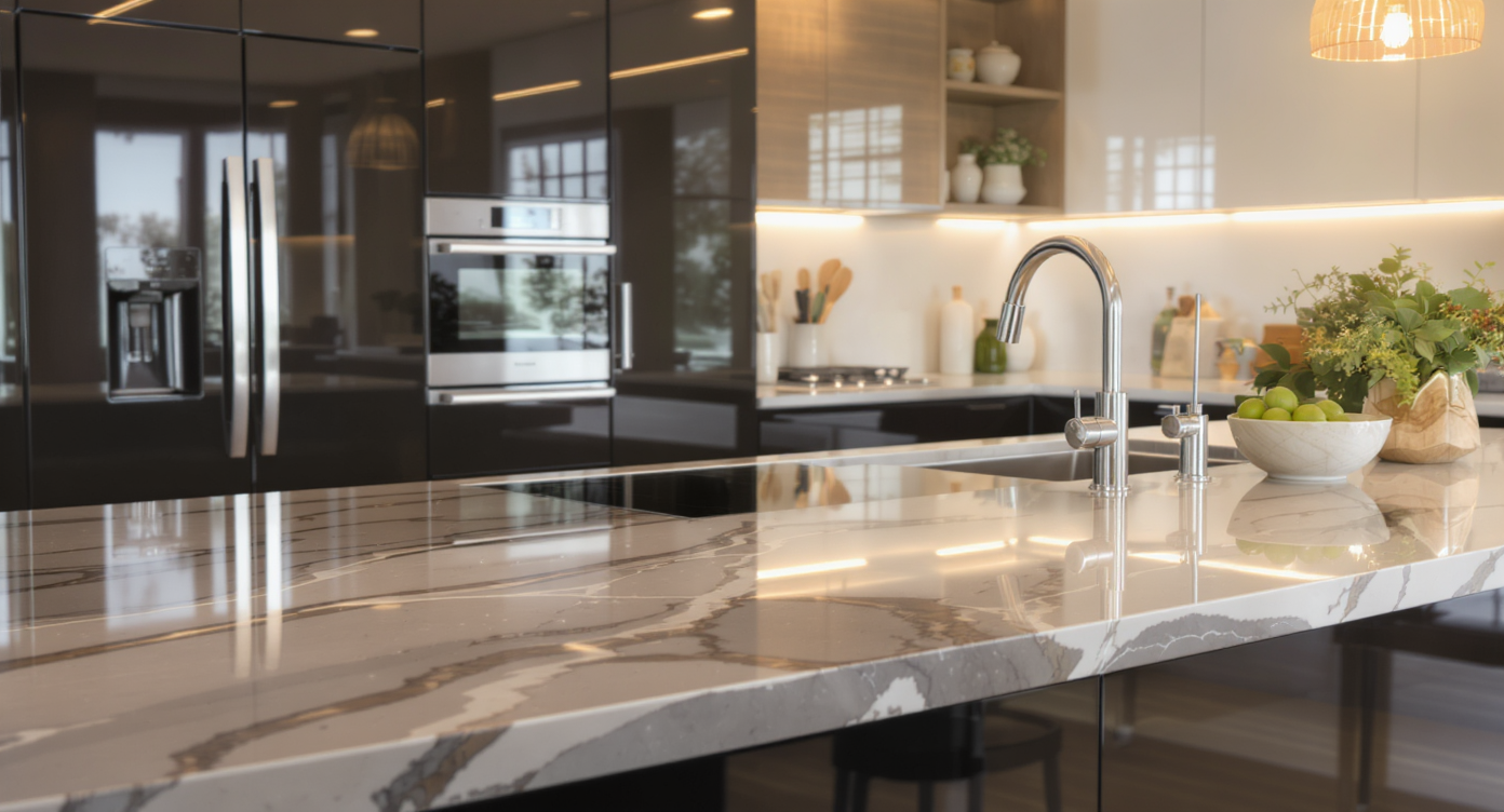 Luxurious kitchen island with reflective, shiny surfaces and stylish lighting.