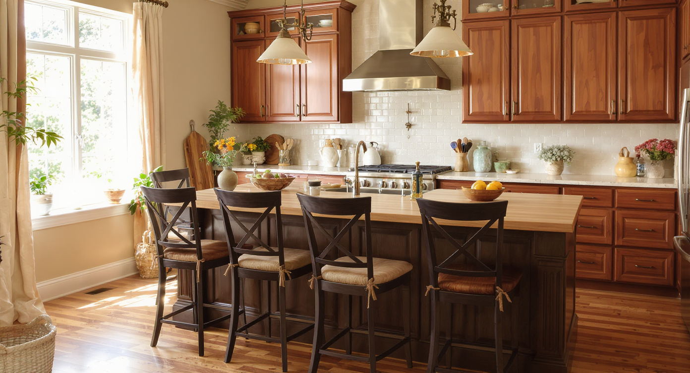 A welcoming kitchen island with stylish stools, pendant lighting, and warm wood tones.