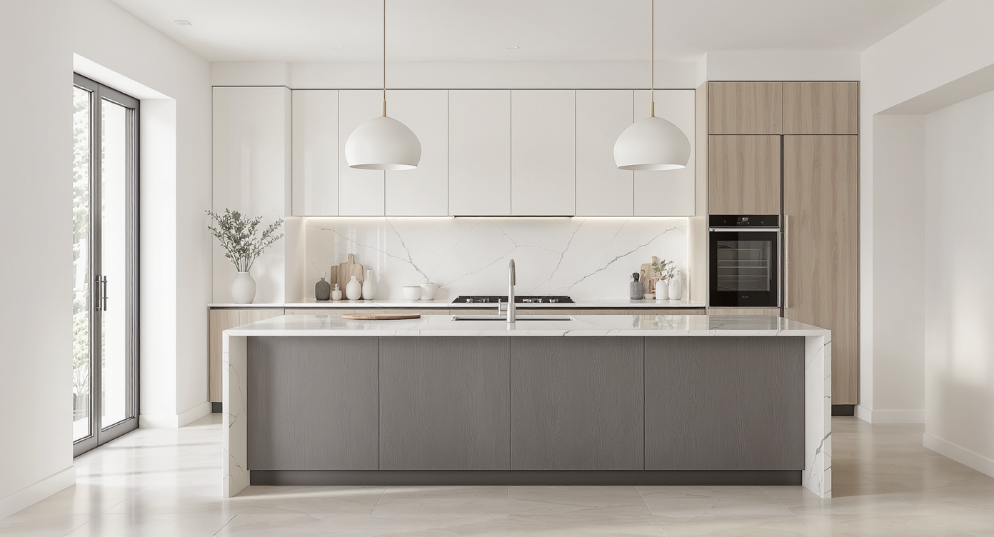 Minimalist kitchen island featuring sleek designs and a clean, uncluttered look.