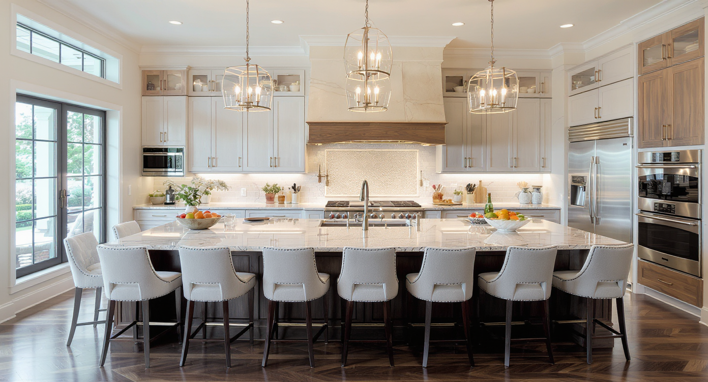 Large central kitchen island as a focal point in a spacious kitchen with chic bar stools.