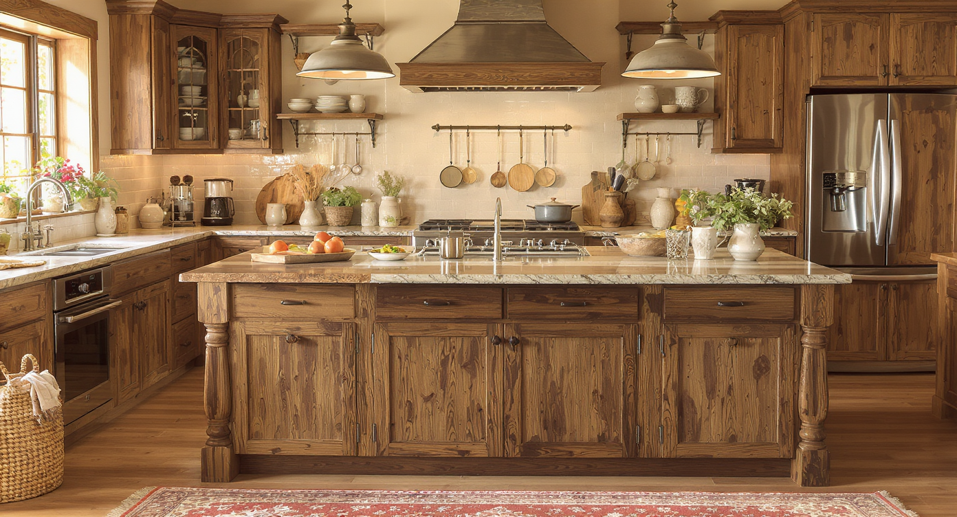 Rustic kitchen island featuring warm wood finishes and vintage fixtures for country charm.