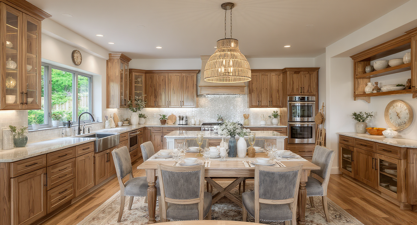 Kitchen island elegantly paired with a dining table for flexible dining options.