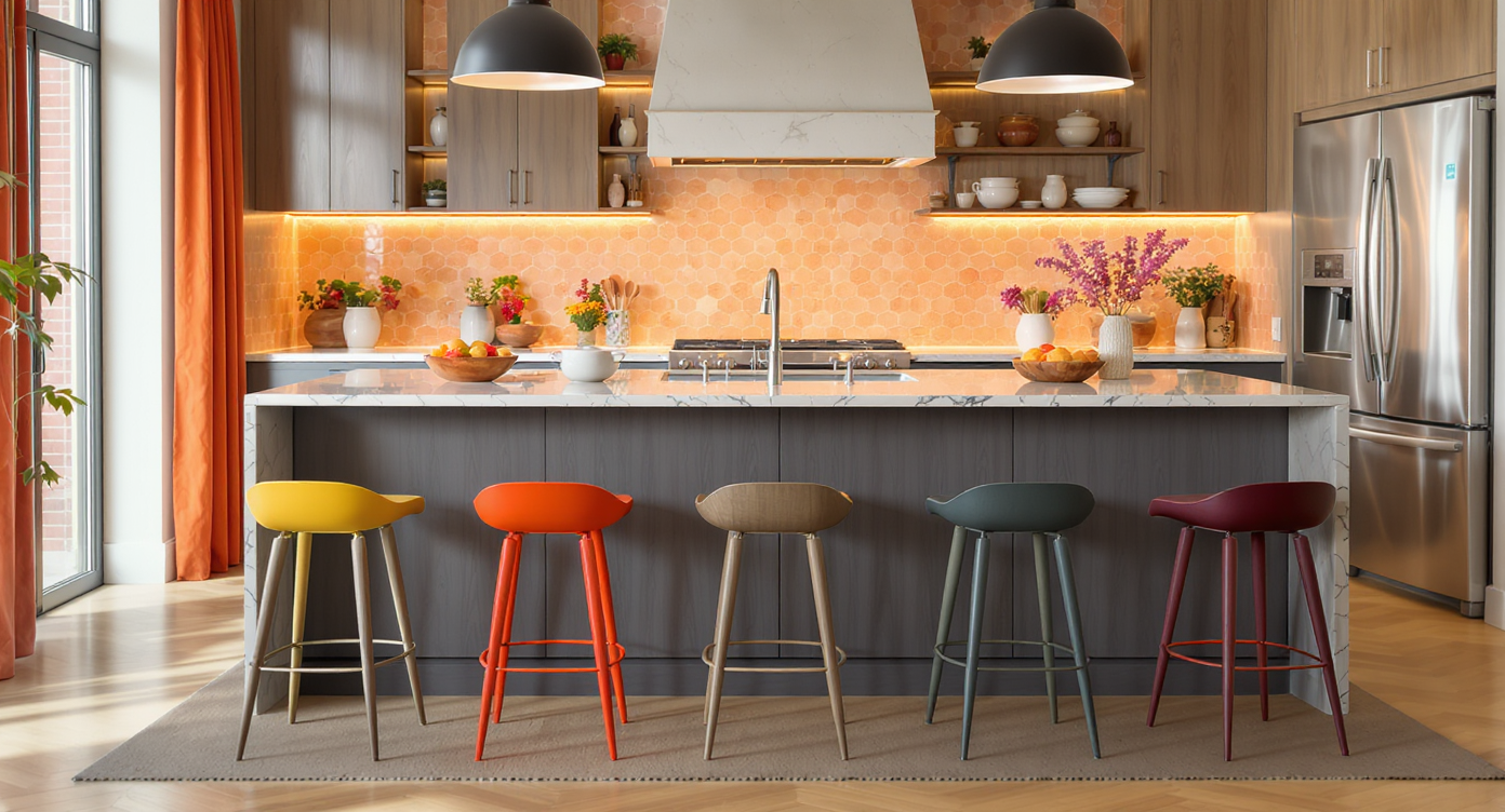 Colorful stools adding personality around a sleek kitchen island.