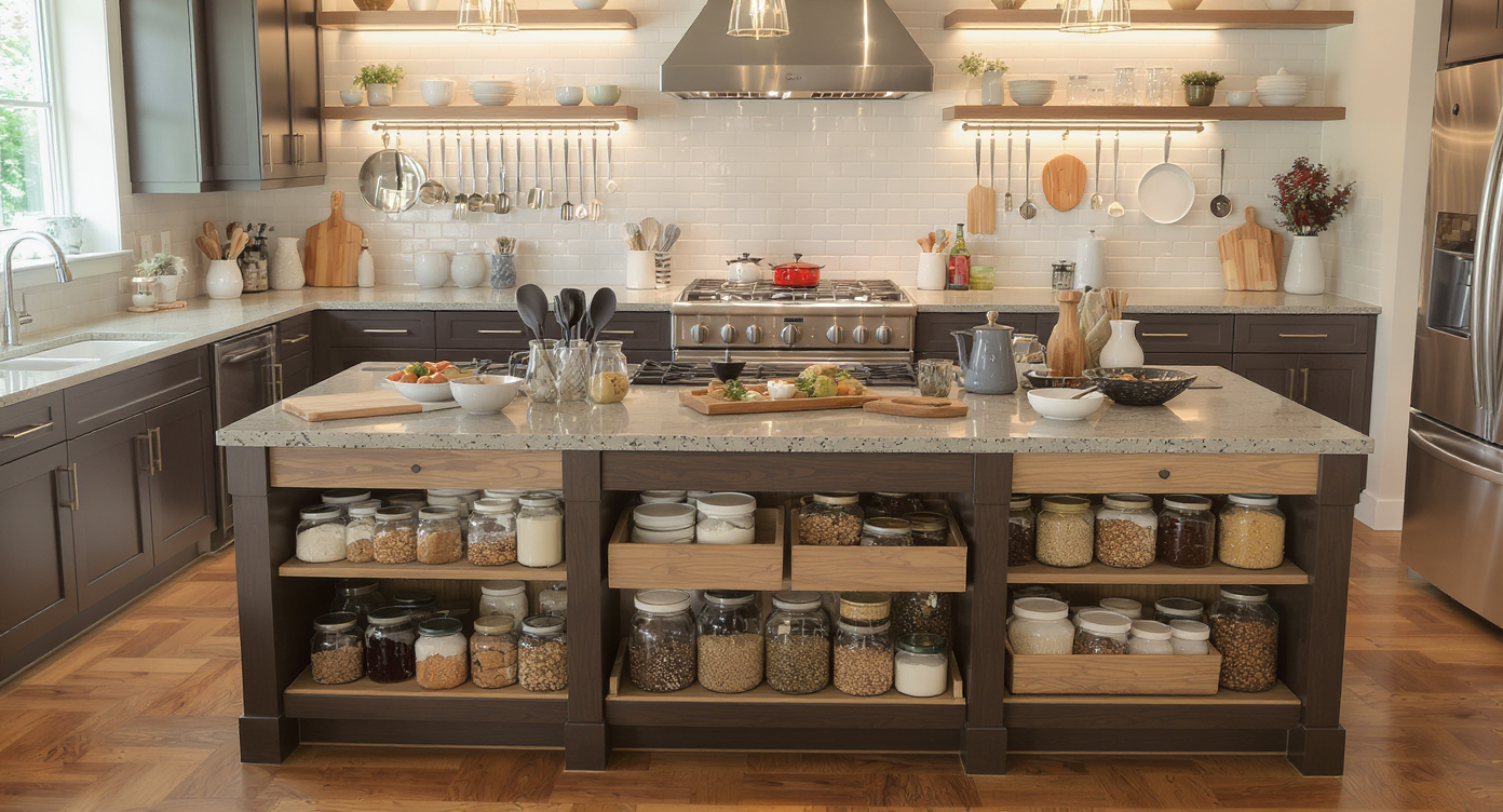 Organized kitchen island with open shelving displaying ingredients and cooking tools.