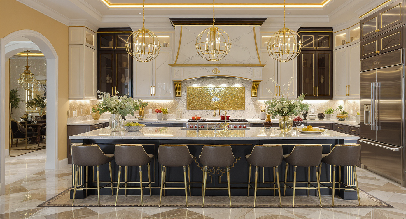 Kitchen island with luxurious metallic accents and warm pendant lighting.