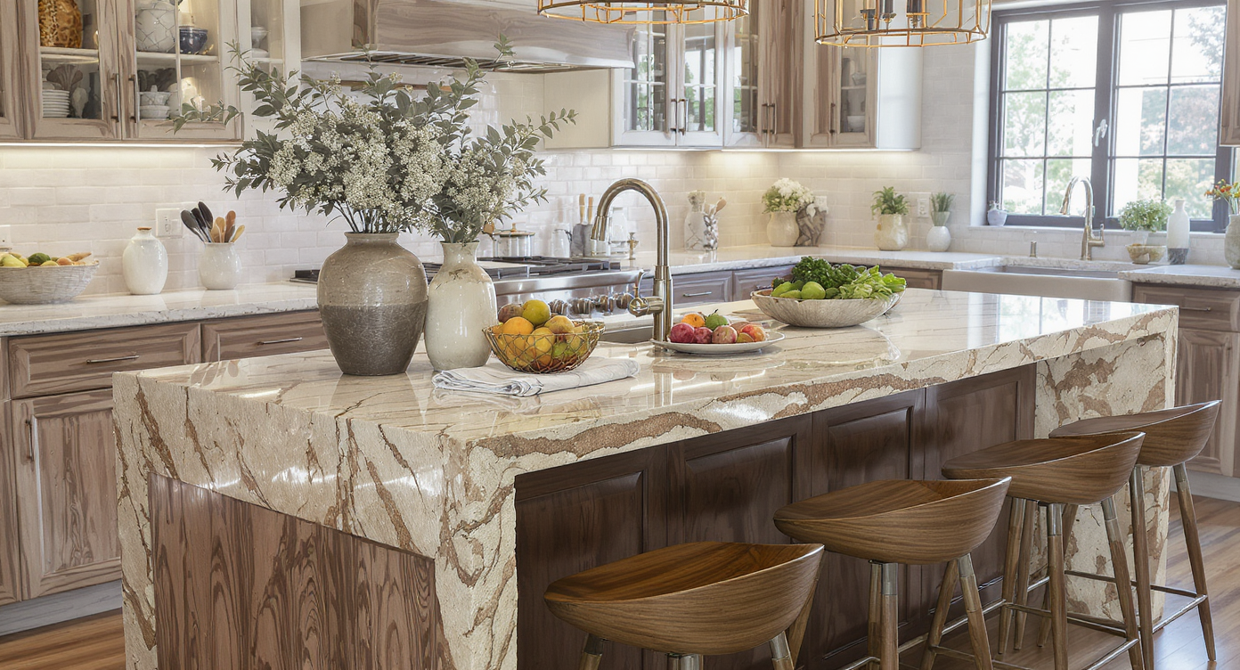 Kitchen island with mixed materials of stone and metal, showcasing textural contrast.