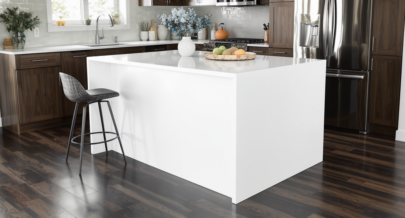 Bright white kitchen island contrasting with dark wood flooring and cabinets.