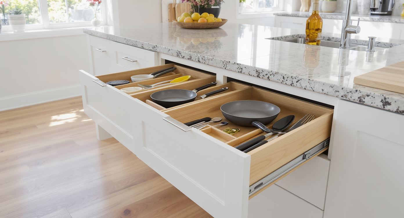 Functional kitchen island with deep drawers for efficient organization of kitchen tools.