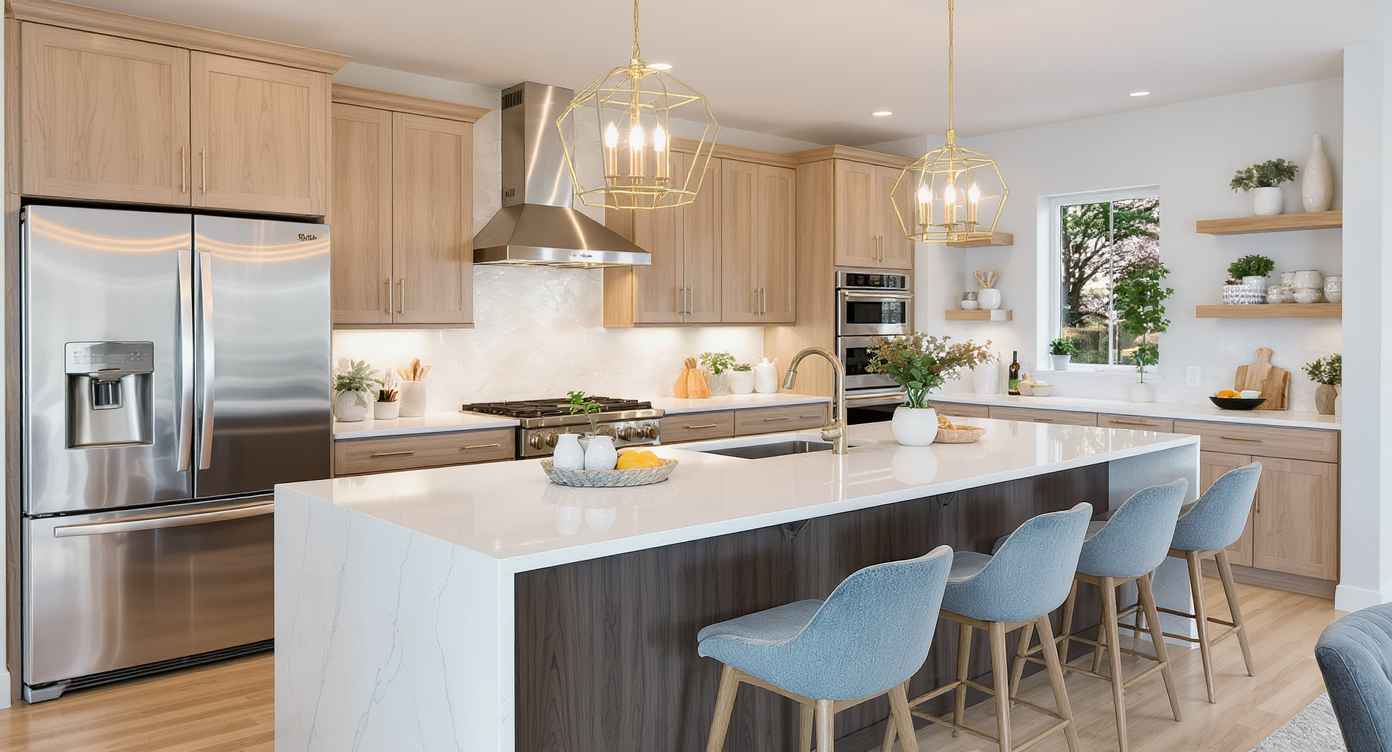 Bright, modern kitchen with a large island featuring quartz countertops and contemporary bar stools.