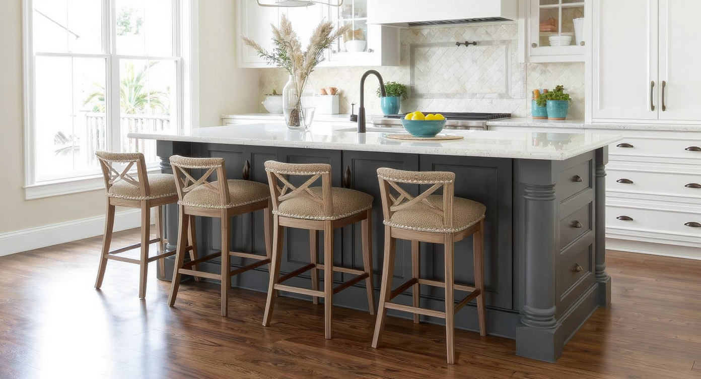 Kitchen island combining seating and built-in storage solutions for a functional design.