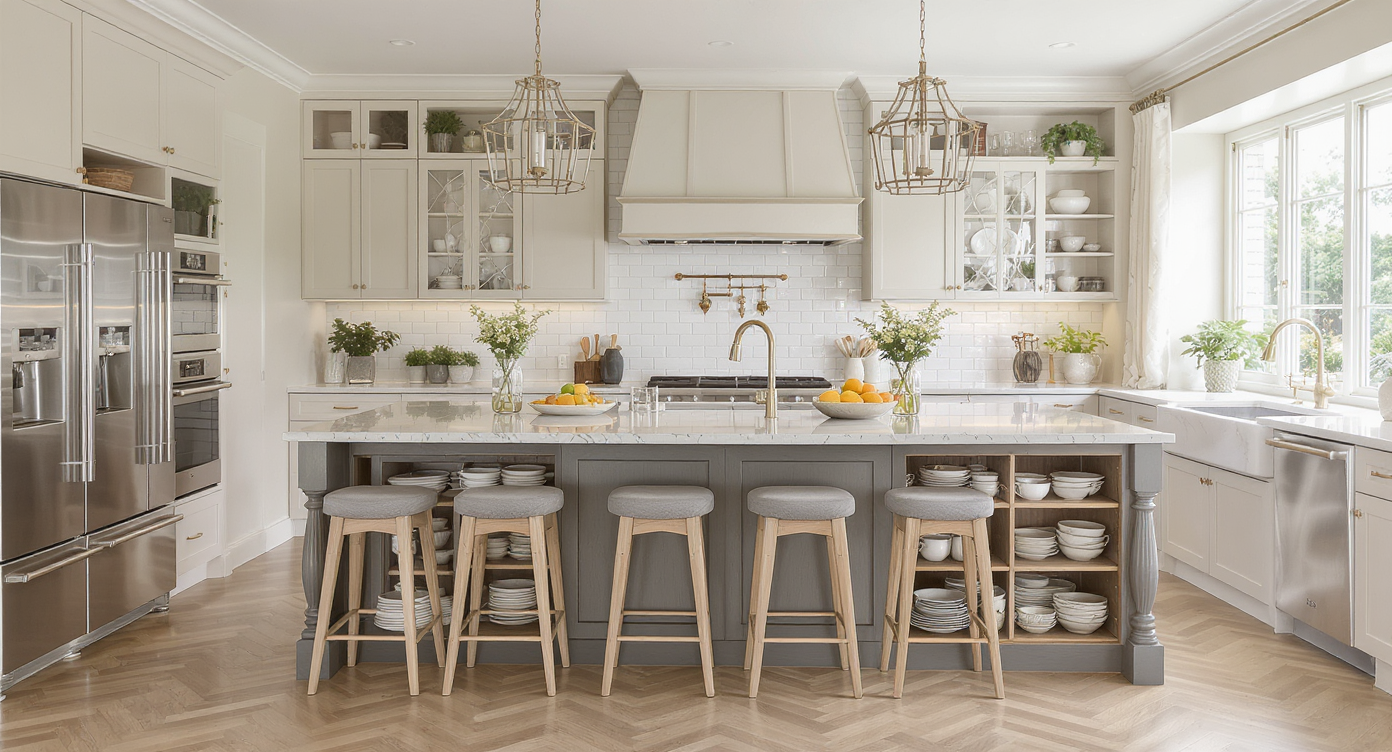 A cozy kitchen highlighting a functional island with seating and open storage.