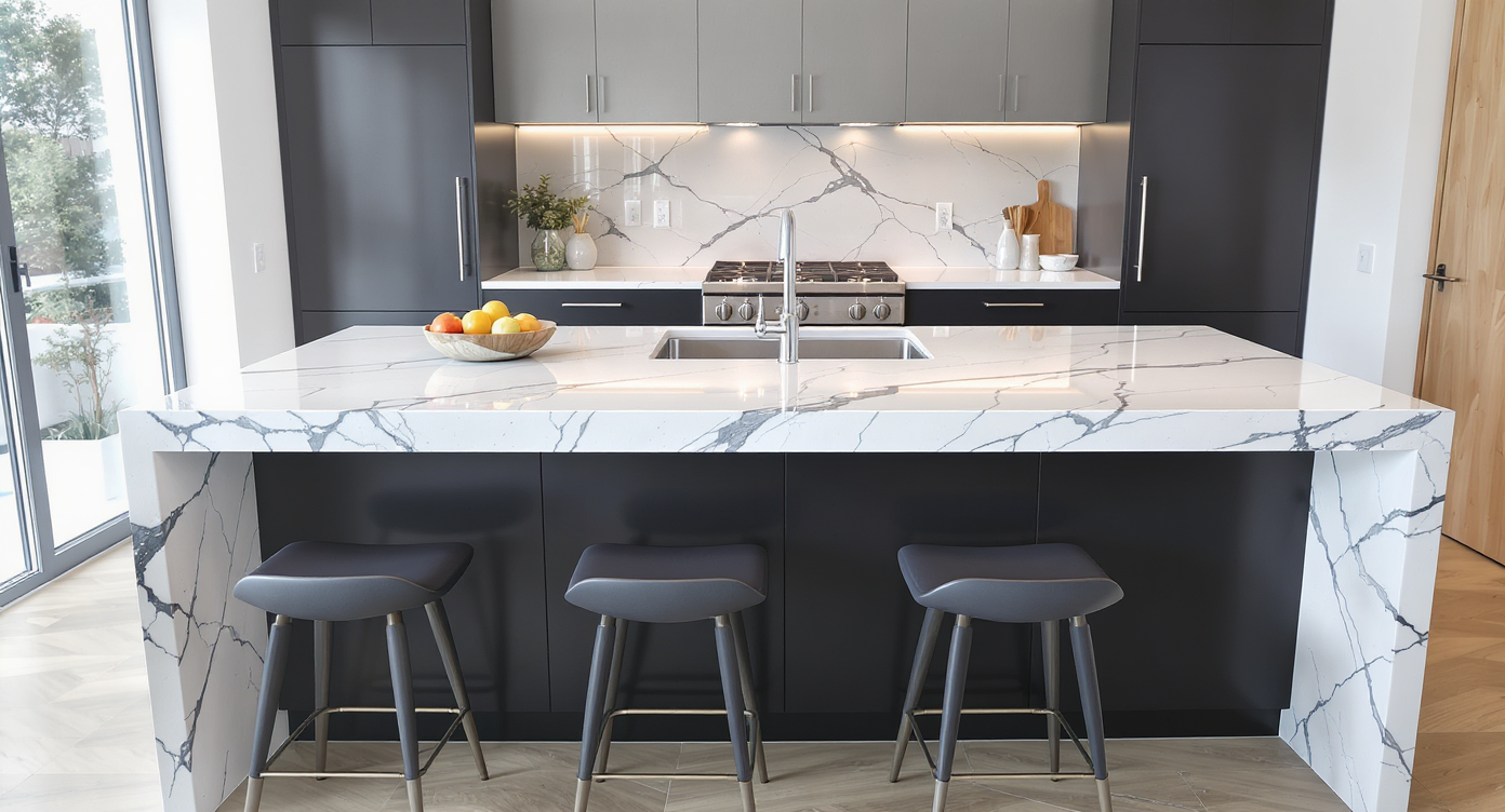 Modern kitchen island with a waterfall countertop and minimalist design elements.