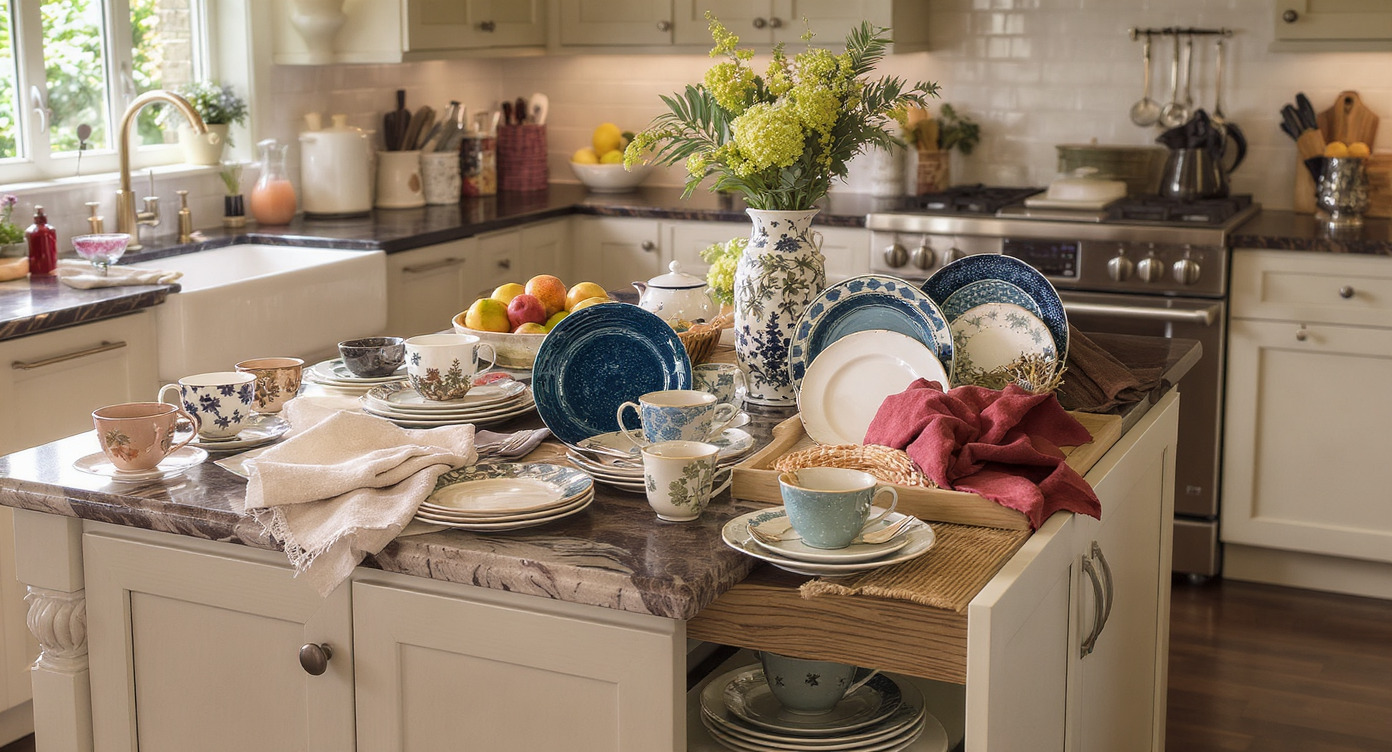 Kitchen island with displayed dishes on open shelving for easy access and styling.