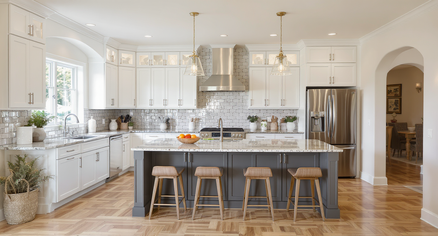 Kitchen island used as a space divider in an open concept layout, defining areas.