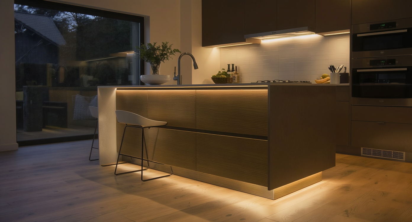 Kitchen island illuminated with under-counter lighting, enhancing design and function.