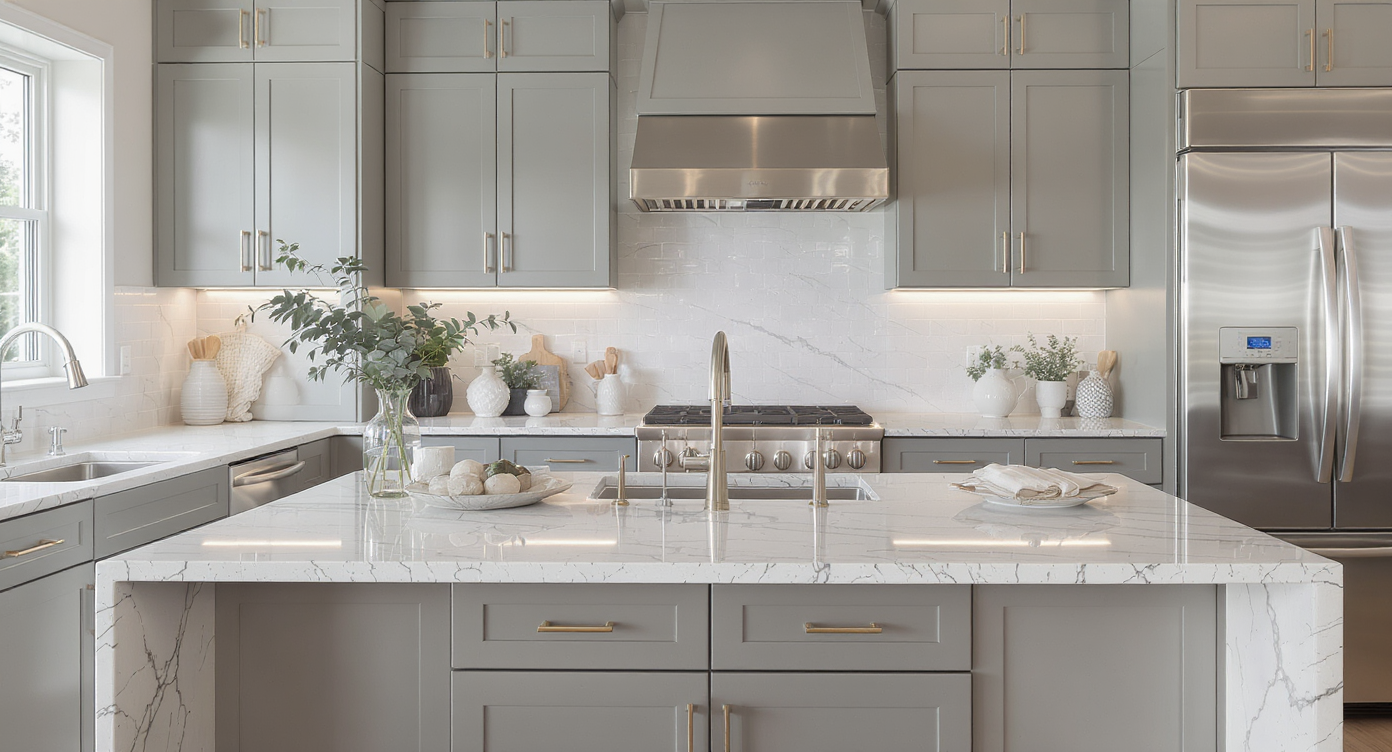 Cohesive kitchen design with matching cabinetry and island for a unified look.