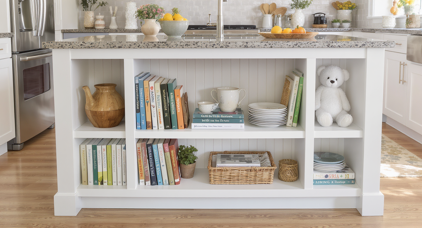 Functional kitchen island with open shelving for easy access to cookbooks and decor.