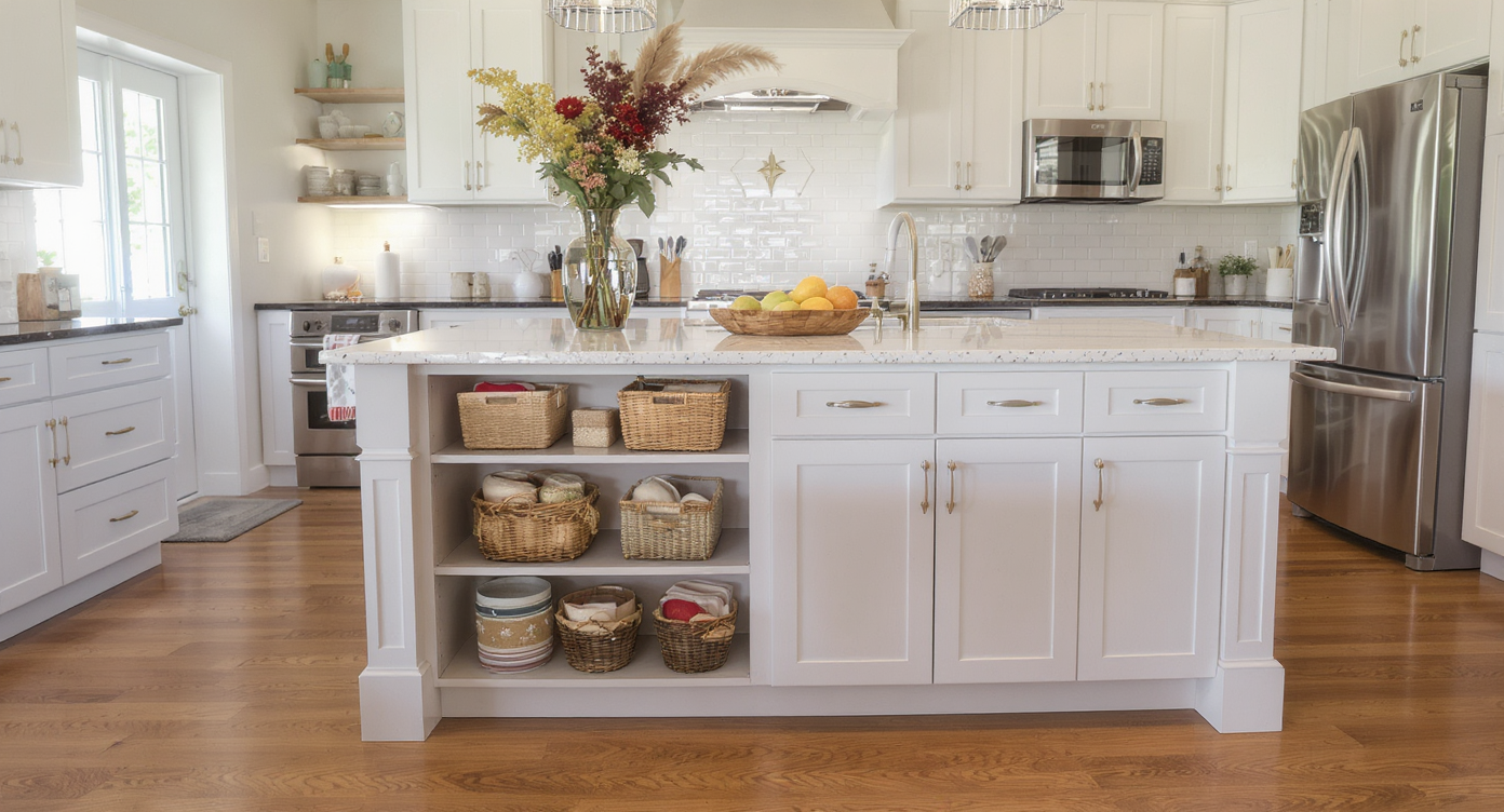 Customized kitchen island showcasing personal style with tailored features and storage.